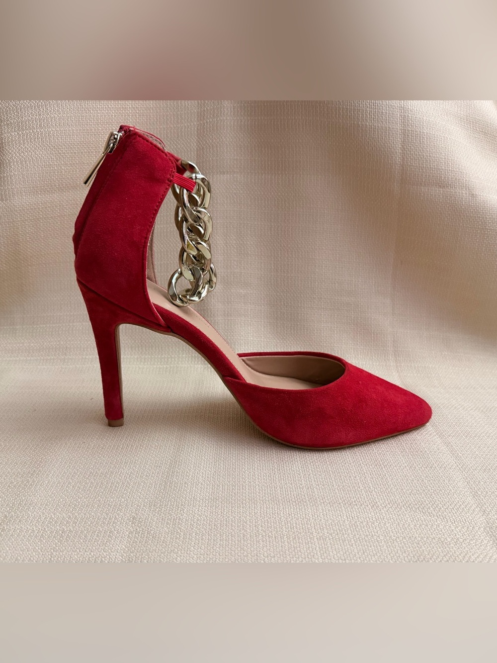 BCBGeneration Red Suede Pointed-Toe Stiletto with Chunky Silver Chain